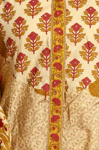 mustard and cream ethnic motifs cotton a-line kurta trouser dupatta set