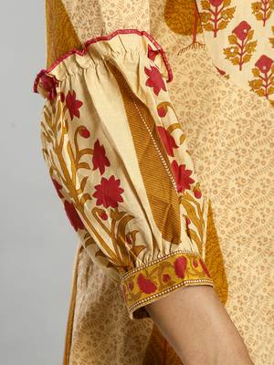 mustard and cream ethnic motifs cotton a-line kurta trouser dupatta set 5