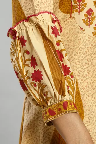 mustard and cream ethnic motifs cotton a-line kurta trouser dupatta set