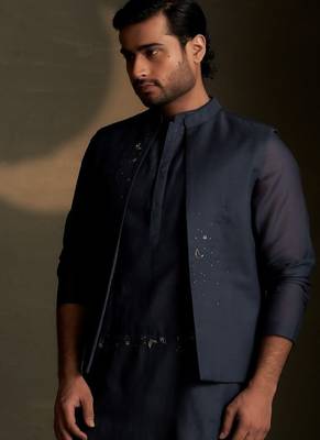 Blue plain chanderi nehru jacket 5