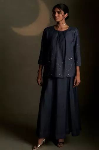 Blue embroidered chanderi co ord set