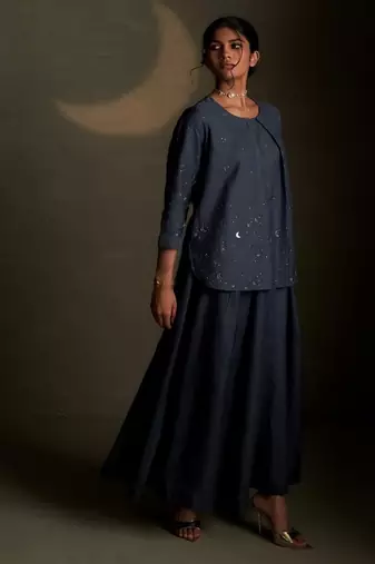 Blue embroidered chanderi co ord set