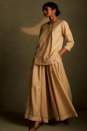 Beige embroidered chanderi co ord set