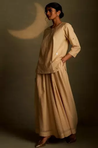 Beige embroidered chanderi co ord set