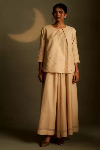 Beige embroidered chanderi co ord set