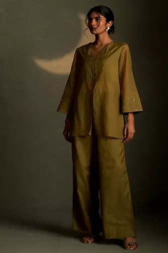Olive embroidered chanderi kurta set