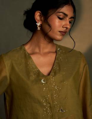Olive embroidered chanderi kurta set 3