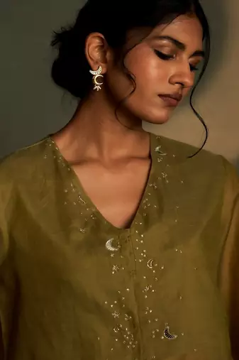 Olive embroidered chanderi kurta set