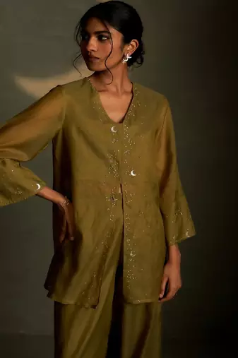 Olive embroidered chanderi kurta set