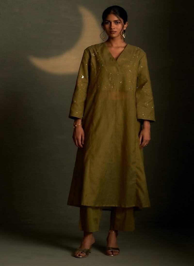Olive embroidered chanderi kurta set