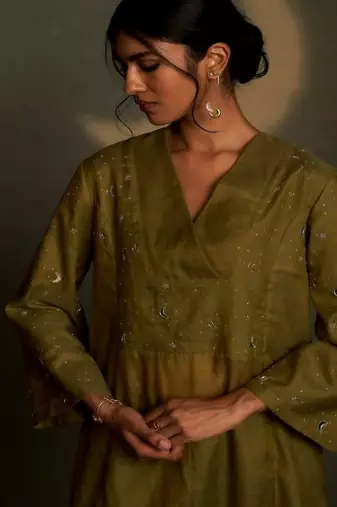 Olive embroidered chanderi kurta set