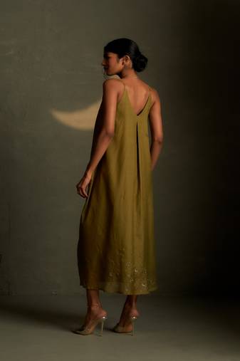 Olive embroidered chanderi dress