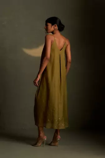 Olive embroidered chanderi dress
