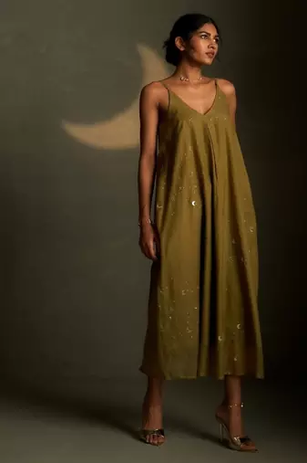 Olive embroidered chanderi dress