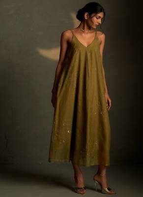 Olive embroidered chanderi dress 1