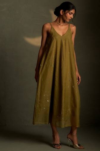 Olive embroidered chanderi dress