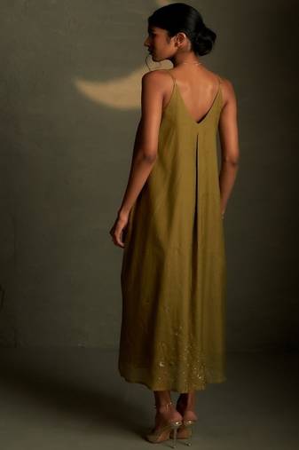 Olive embroidered chanderi dress