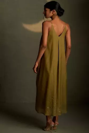 Olive embroidered chanderi dress