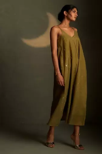 Olive embroidered chanderi dress