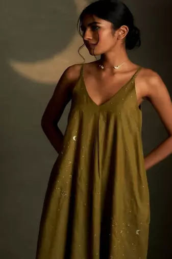 Olive embroidered chanderi dress