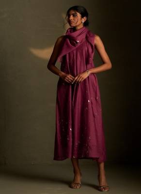 Magenta embroidered chanderi dress 1
