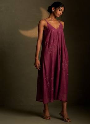 Magenta embroidered chanderi dress 1