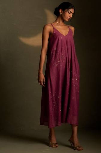 Magenta embroidered chanderi dress