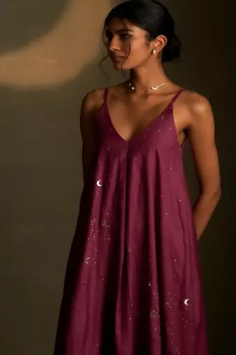 Magenta embroidered chanderi dress
