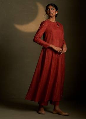 Red embroidered chanderi anarkali 1
