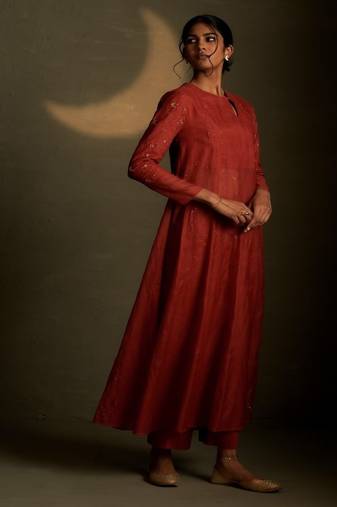 Red embroidered chanderi anarkali
