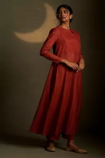 Red embroidered chanderi anarkali