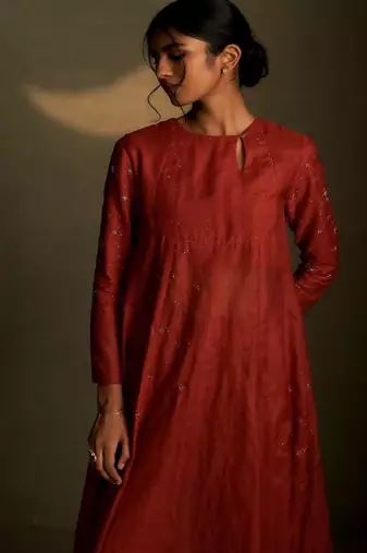 Red embroidered chanderi anarkali