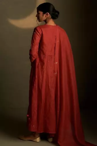 Red embroidered chanderi anarkali