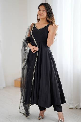 Bright black flared anarkali suit set with dupatta and pants