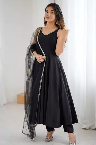 Bright black flared anarkali suit set with dupatta and pants