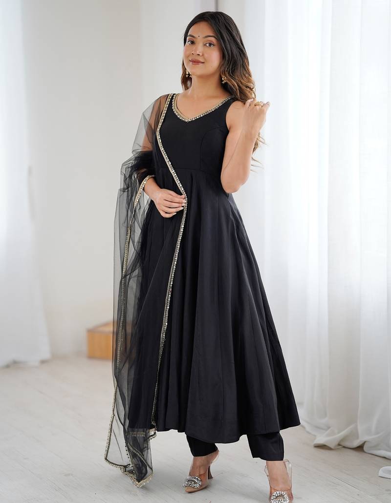 Bright black flared anarkali suit set with dupatta and pants