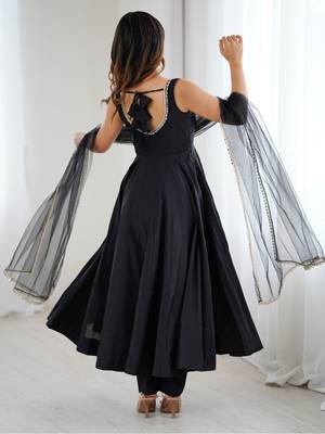 Bright black flared anarkali suit set with dupatta and pants 3