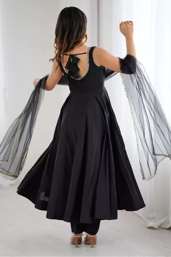 Bright black flared anarkali suit set with dupatta and pants