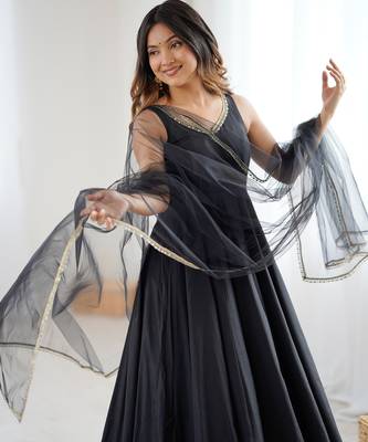 Bright black flared anarkali suit set with dupatta and pants 4