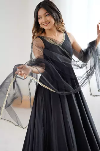 Bright black flared anarkali suit set with dupatta and pants