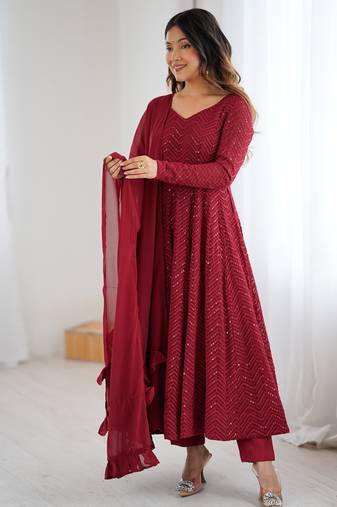 Elegant maroon anarkali set with ruffled dupatta and intricate embroidery