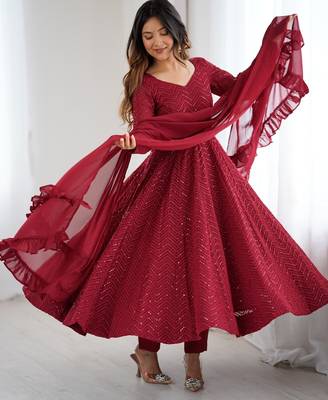 Elegant maroon anarkali set with ruffled dupatta and intricate embroidery 3