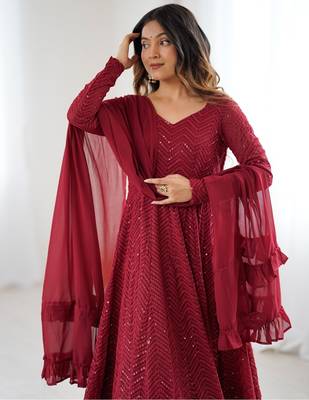 Elegant maroon anarkali set with ruffled dupatta and intricate embroidery 4