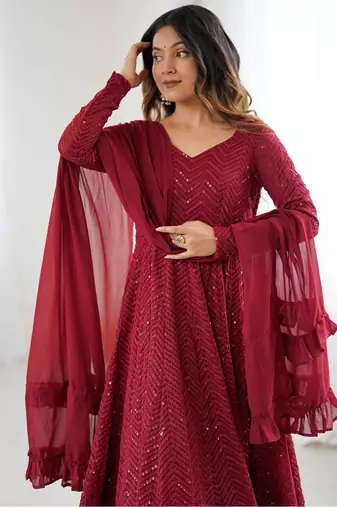 Elegant maroon anarkali set with ruffled dupatta and intricate embroidery