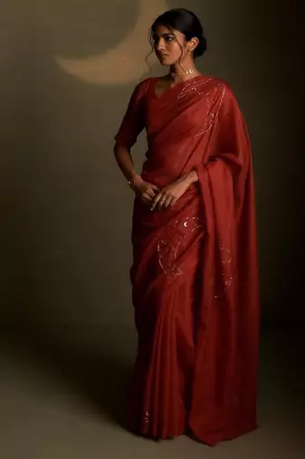 Crimson embroidered chanderi saree