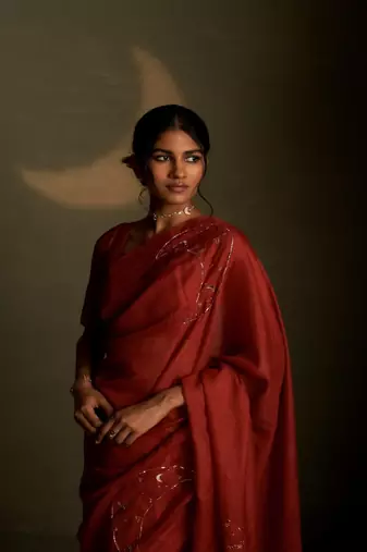 Crimson embroidered chanderi saree