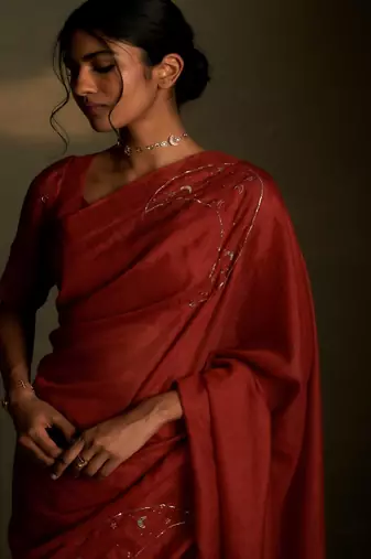 Crimson embroidered chanderi saree