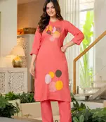 Peach Embroidered Cotton Kurta and Pant Set