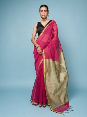 Crimson Red Cotton Blend Saree with Narrow Border 2