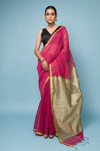 Crimson Red Cotton Blend Saree with Narrow Border